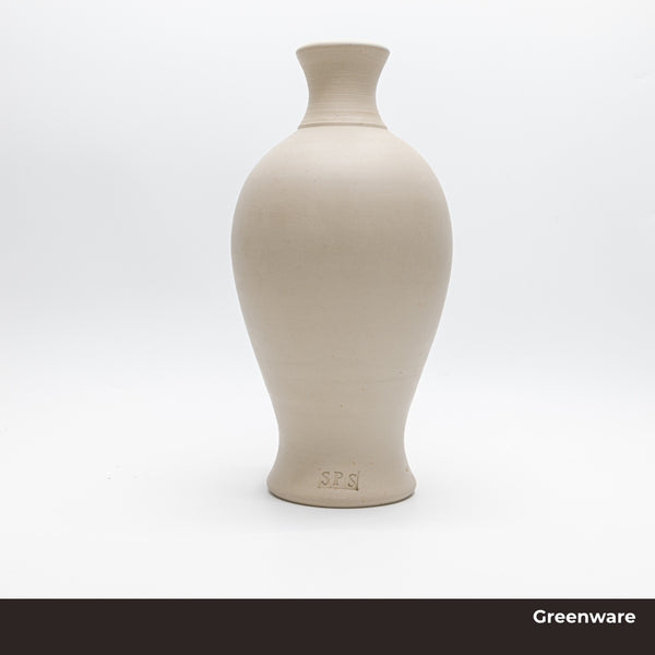 Pottery vase on a white background with 'Greenware' written at bottom