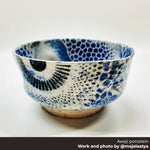 Porcelain bowl with blue and black pattern on a white background, made with SPS Awaji porcelain