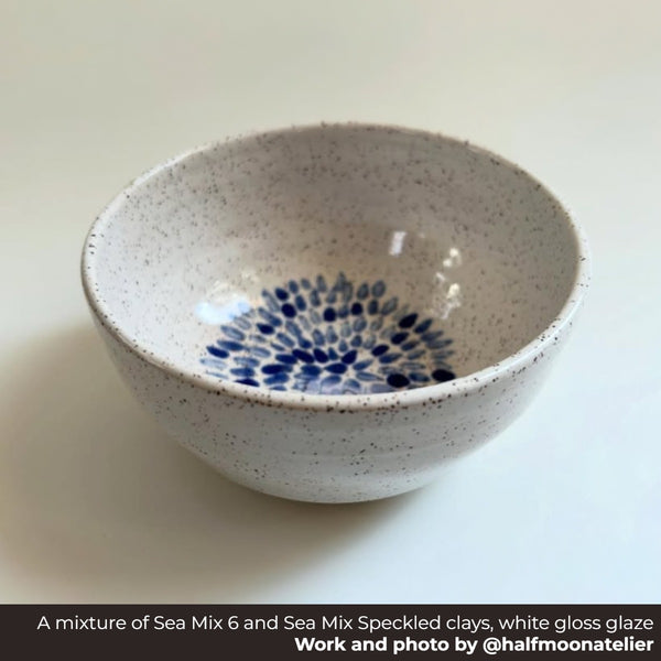Speckled ceramic bowl with blue floral pattern on a white background, Made with a mixture of Happycozygoods Sea Mix 6 and Sea Mix Speckled clays