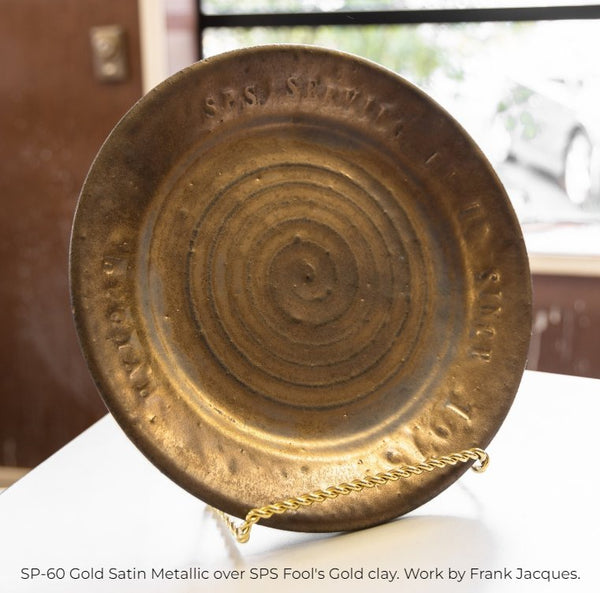SP-60 Gold Satin Metallic glaze over SPS Fool's Gold pottery clay. Work by Frank Jacques.
